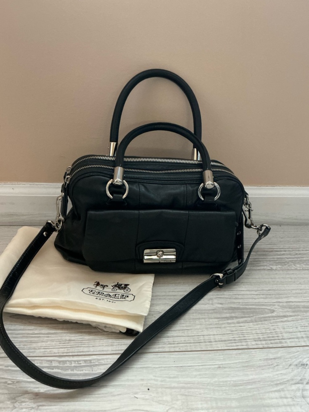 Coach Black Leather Satchel with Front Pocket and Shoulder Strap
